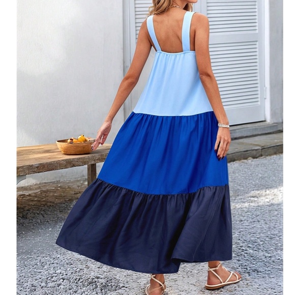 Boho Blue Color Block Ruffle Hem Maxi Dress - Picture 2 of 5